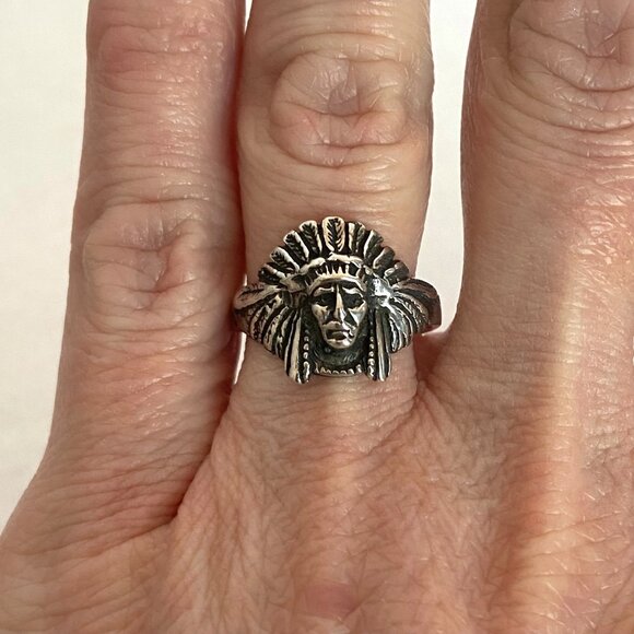 VTG Sterling Silver 925 Indian Chief Head Feathered Headdress Band Ring Sz 6 - Picture 6 of 16